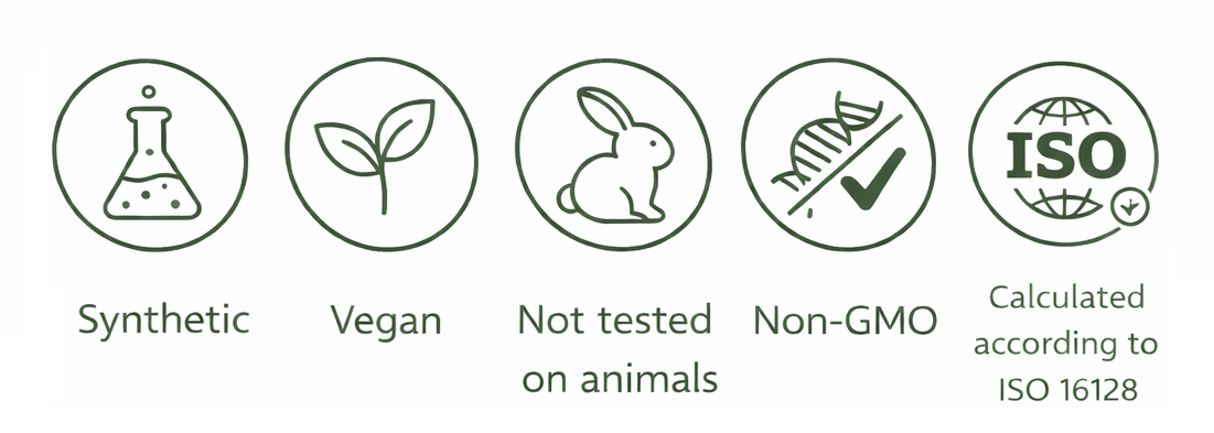 Synthetic, Vegan, Not tested on animals, Non-GMO, Calculated according to ISO 16128