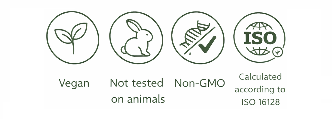 Vegan, Not tested on animals, Non-GMO, Calculated according to ISO 16128
