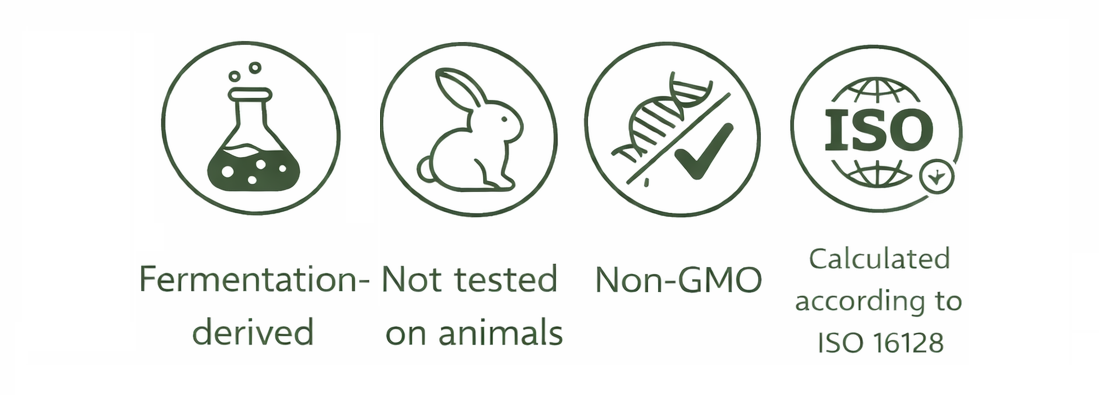 Fermentation derived, Not tested on animals, Non-GMO, Calculated according to ISO 16128