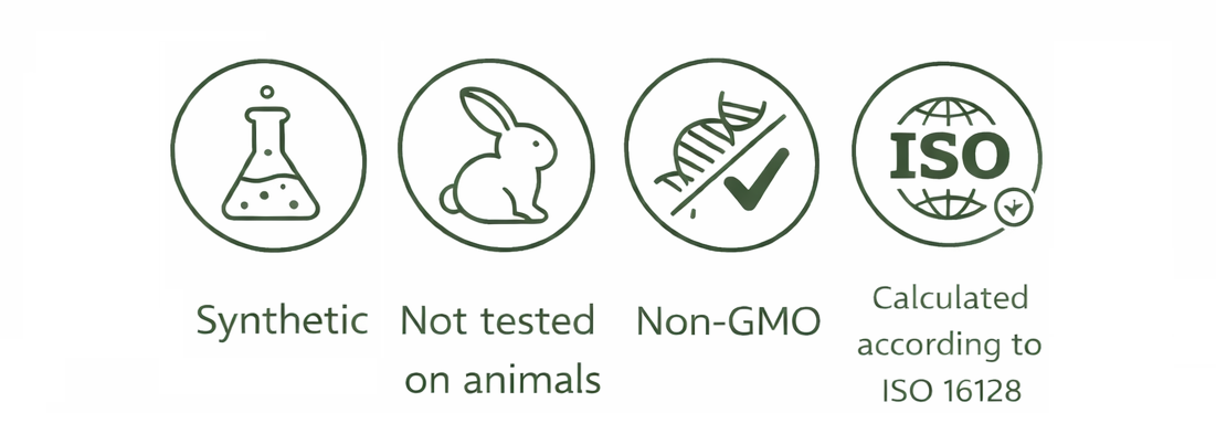 Synthetic, Not tested on animals, Non-GMO, Calculated according to ISO 16128