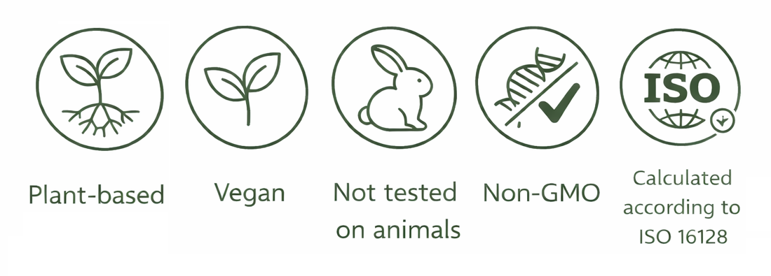 Plant-based, Vegan, Not tested on animals, Non-GMO, Calculated according to ISO 16128